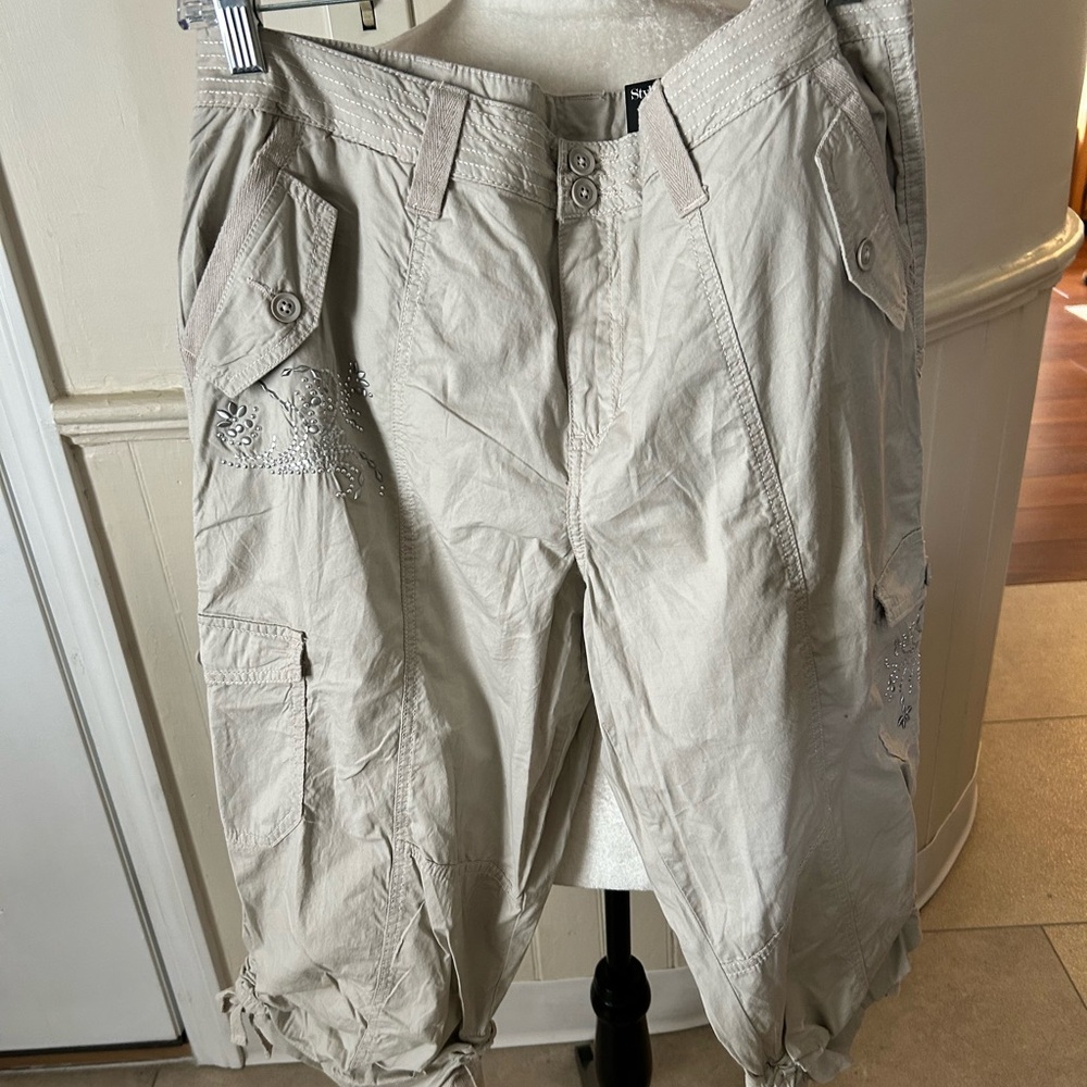 NWT Style & Co. Cargo Capri Pants With Rhinestone/Studded Accents/12/Tan